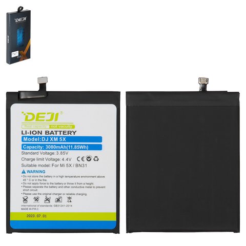 Акумулятор Deji BN31 для Xiaomi Mi A1, Redmi Note 5A, Li ion, 3,85 B, 3080 мАг