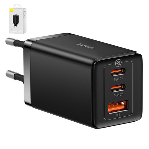 Мережевий зарядний пристрій Baseus GaN5 Pro, 65 Вт, Quick Charge, чорний, з кабелем USB тип C до USB тип C, 3 порта, #CCGP120201