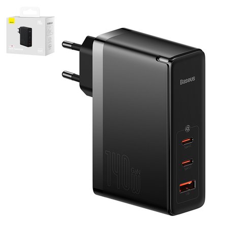 Мережевий зарядний пристрій Baseus GaN5 Pro, 140 Вт, Quick Charge, чорний, з кабелем USB тип C до USB тип C, 3 порта, #CCGP100201