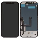 Дисплей для iPhone XR, чорний, з рамкою, Оригінал (переклеєне скло), з пластиками камери та давача наближення, LG version