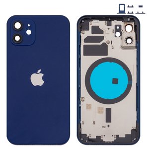 Housing compatible with iPhone 12, dark blue, with SIM card holders, with side buttons 