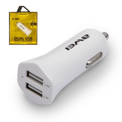 Зарядное устройство Awei C 300, автомобильное, 2 USB выхода 5В 2,4А , 12 В, белое, USB тип A