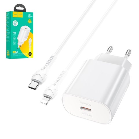 Мережевий зарядний пристрій Hoco N22, 25 Вт, Power Delivery PD , білий, з кабелем USB тип C до Lightning для Apple, 1 порт, #6931474760074